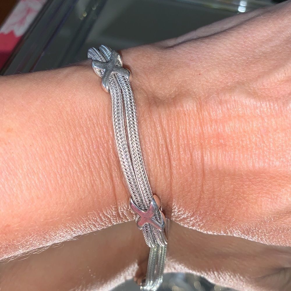 925 silver double strand mesh chain bracelet‎ with crisscross accents